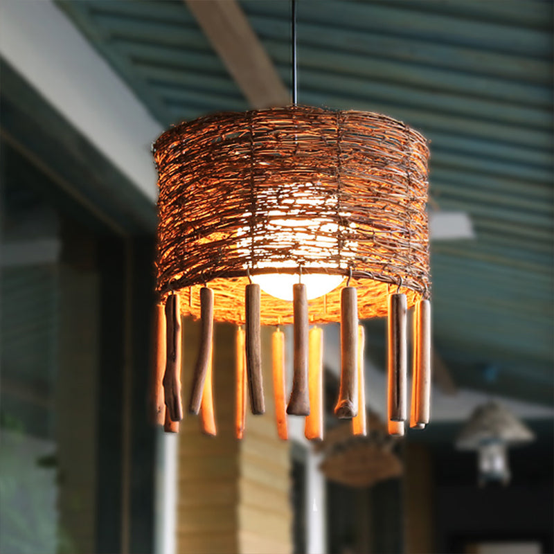 Rattan Drum Ceiling Lamp With Milky Globe Glass Shade Brown
