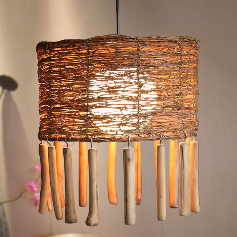 Rattan Drum Ceiling Lamp With Milky Globe Glass Shade