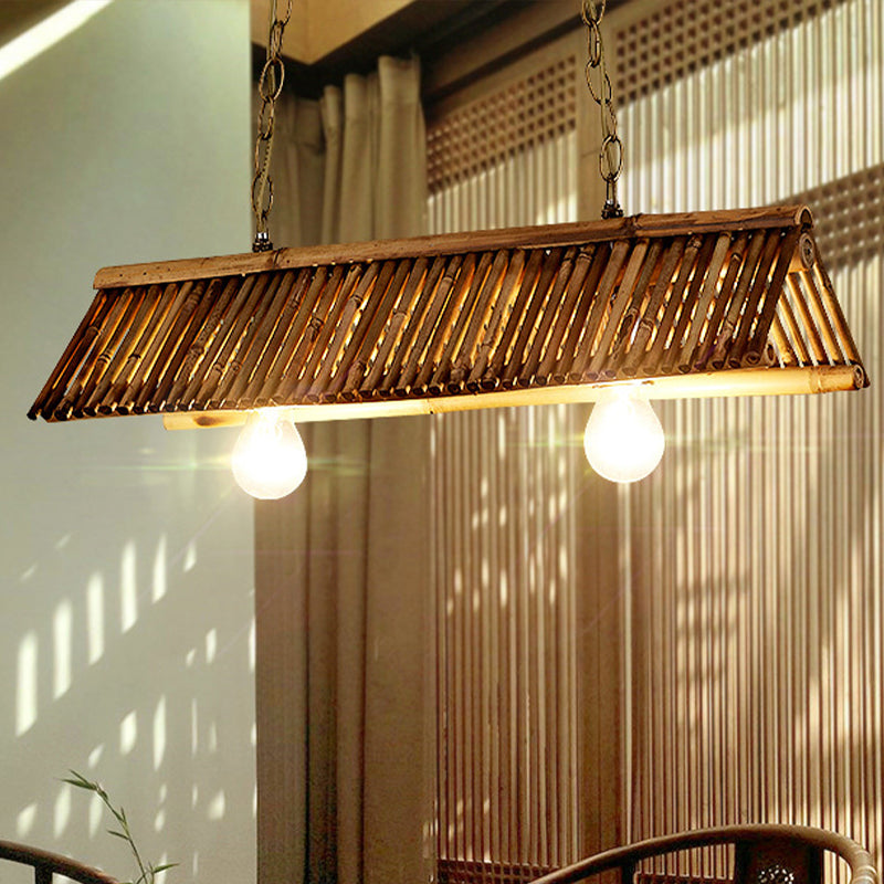 Chinese Bamboo Triangular Island Light - Brown Pendant Lighting Fixture With 2 Heads For Tearoom