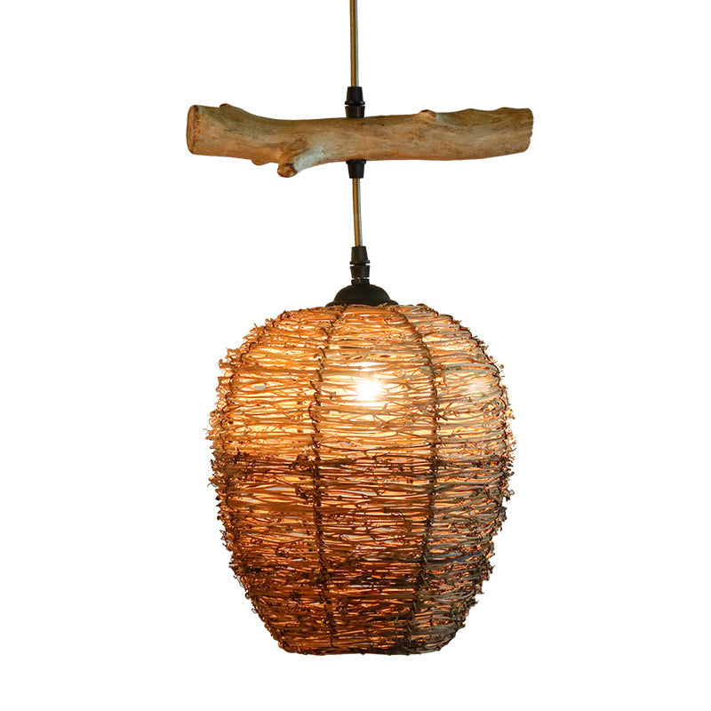 Asia Flaxen Pendant Lamp With Urn Rattan Shade - Stylish Hanging Ceiling Light For Restaurants