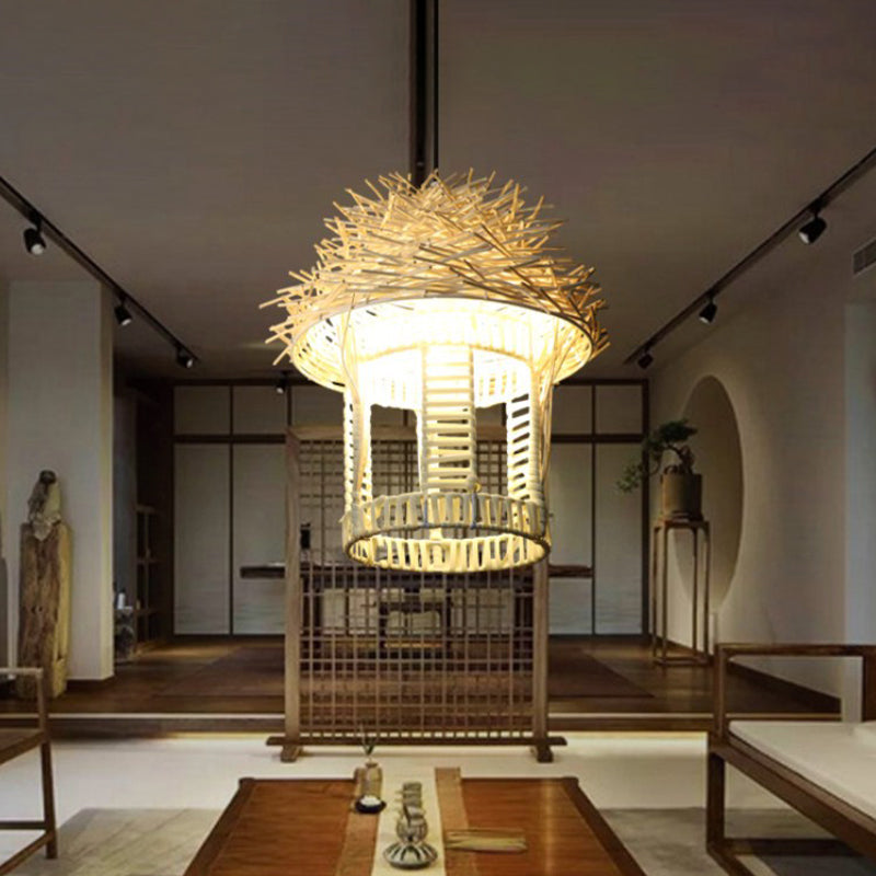Handcrafted Japanese Bamboo Pendant Lamp In White - 1 Bulb Ceiling Suspension Lighting