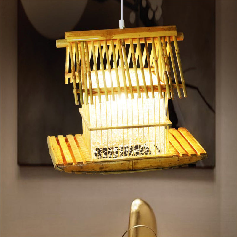 Beige Bamboo Boat Pendant Light Fixture - Asian 1-Head Hanging Lamp