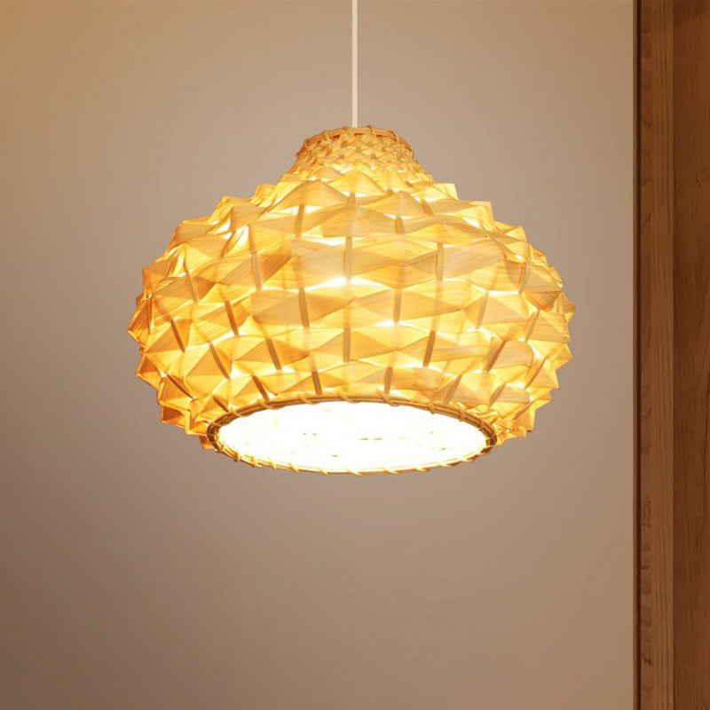 Gourd Ceiling Light Bamboo Suspension Fixture - Asian-Inspired Beige 1-Bulb Lighting For Teahouse