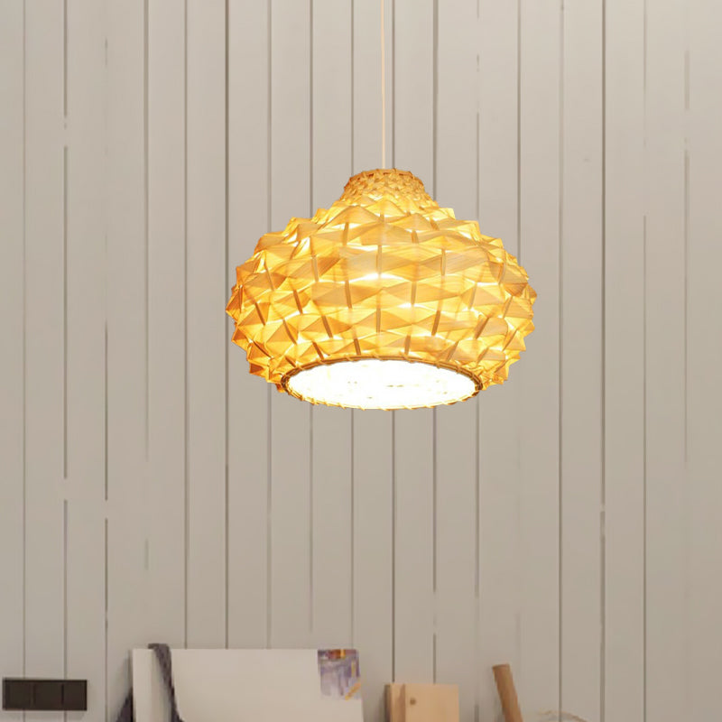 Gourd Ceiling Light Bamboo Suspension Fixture - Asian-Inspired Beige 1-Bulb Lighting For Teahouse
