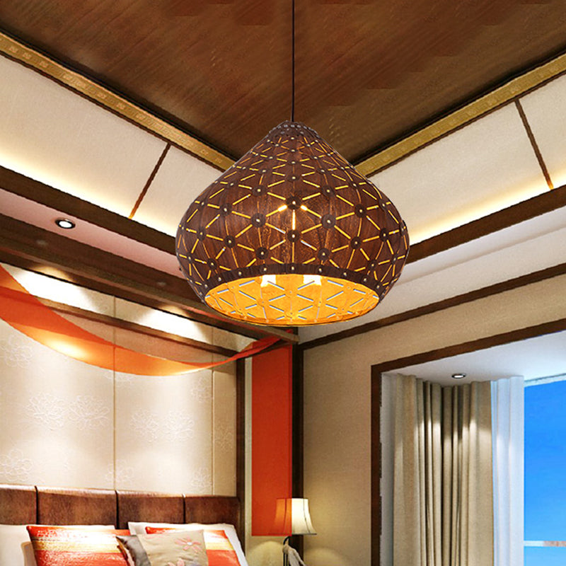 Teardrop Wood Shade Hanging Light Fixture For Bedroom With Asia Brown Down Lighting And 1 Bulb