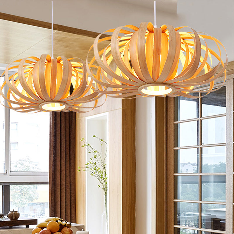 Chinese Style 1-Light Wood Pendant For Restaurants - Beige Pumpkin Hanging Fixture