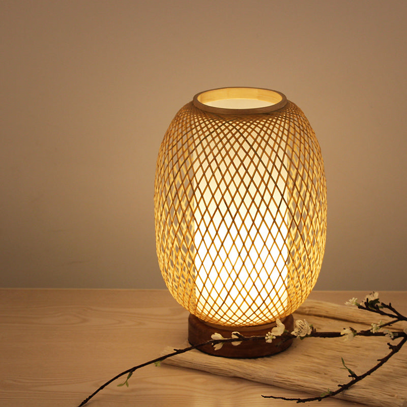 Small Japanese Bamboo Desk Lamp - Handcrafted Task Lighting For Bedside & Office Wood