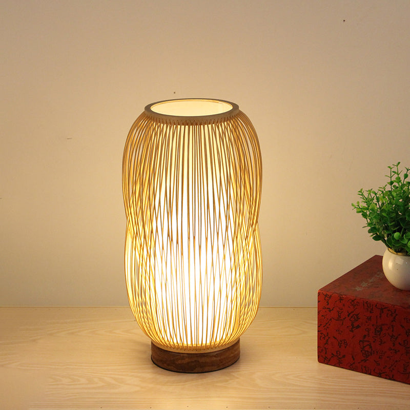 Bamboo Cylinder Desk Light - Wood Base 1-Bulb Task Lighting