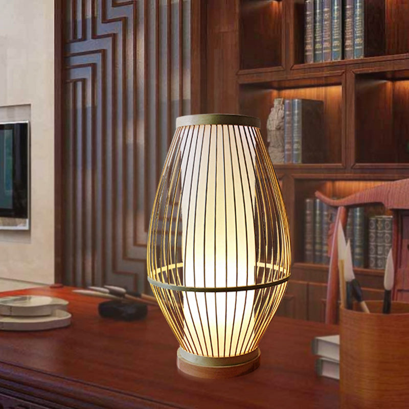 Bamboo Lantern Task Lamp For Dining Rooms - Asian Beige Lighting With Bulb