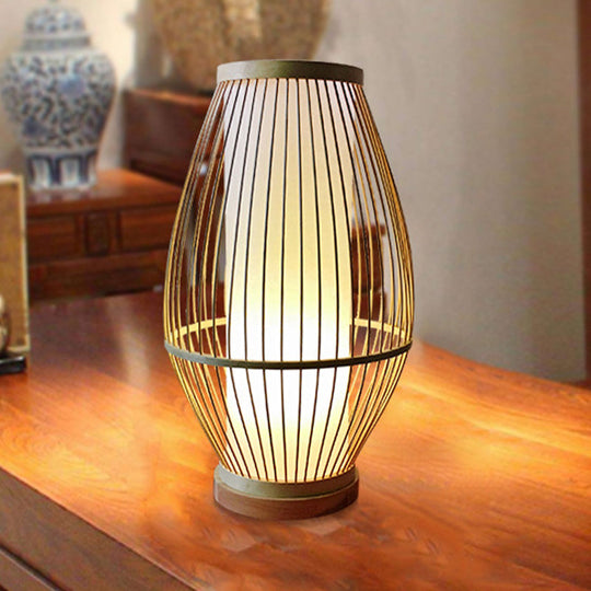 Bamboo Lantern Task Lamp For Dining Rooms - Asian Beige Lighting With Bulb