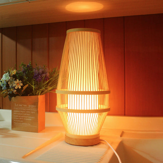 Bamboo Desk Lamp - Japanese Style With Beige Shade And Tubular Inner Light