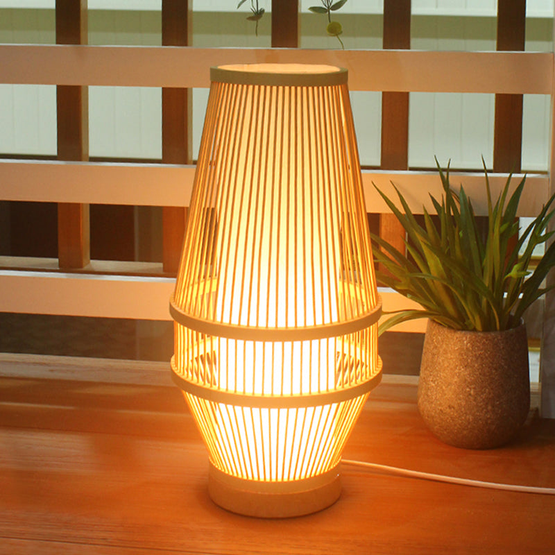 Bamboo Desk Lamp - Japanese Style With Beige Shade And Tubular Inner Light