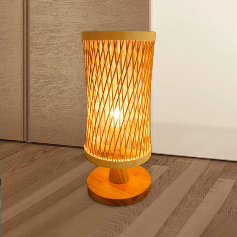 Japanese Bamboo Desk Lamp With Round Wood Base - Beige