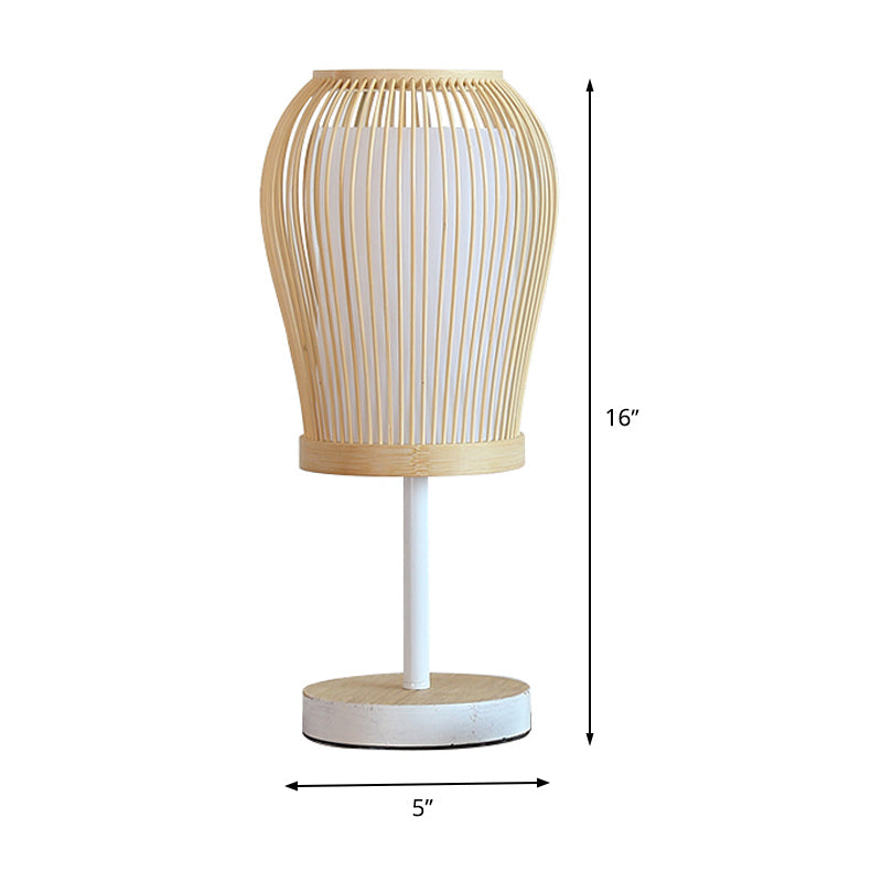 Japanese 1 Head Beige Curved Desk Lamp With Bamboo Shade For Bedside