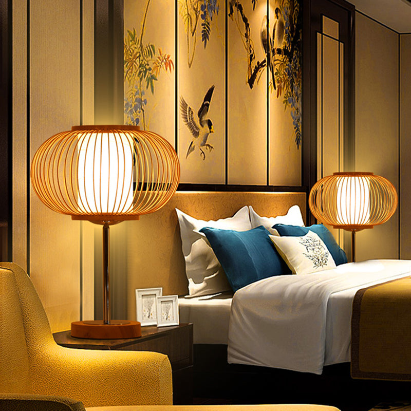 Beige Bamboo Shade Desk Light - 1 Bulb Living Room Task Lighting For An Asian Inspired Ambience