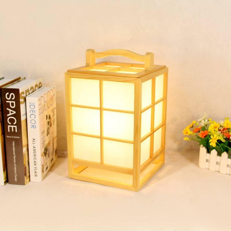 Japanese Wood Rectangular Desk Lamp - Small Beige Task Lighting With Handle