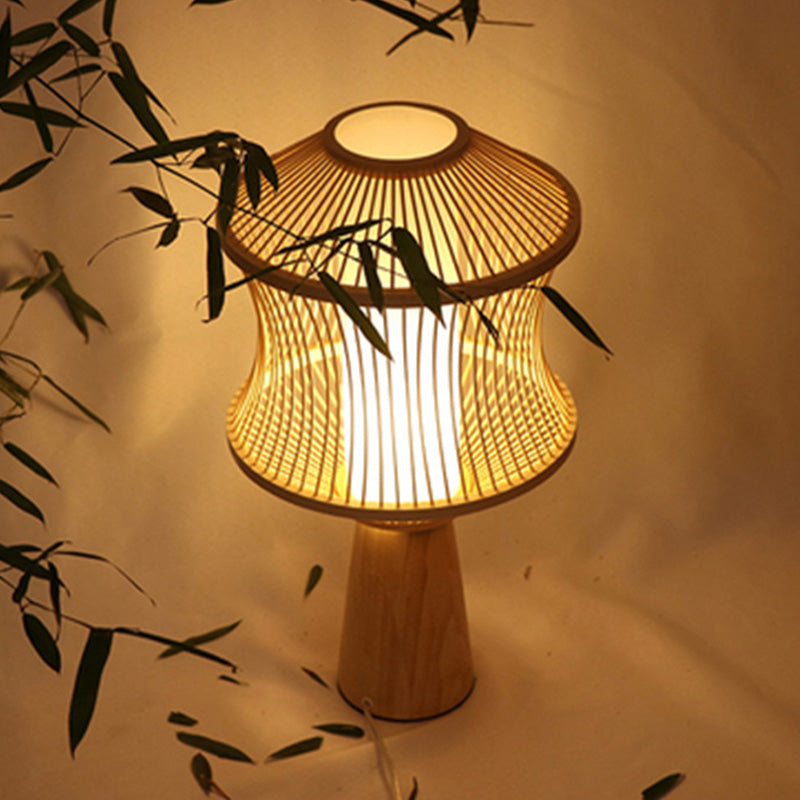 Japanese Wood Conical Task Lamp With Bamboo Shade - Beige Desk Light