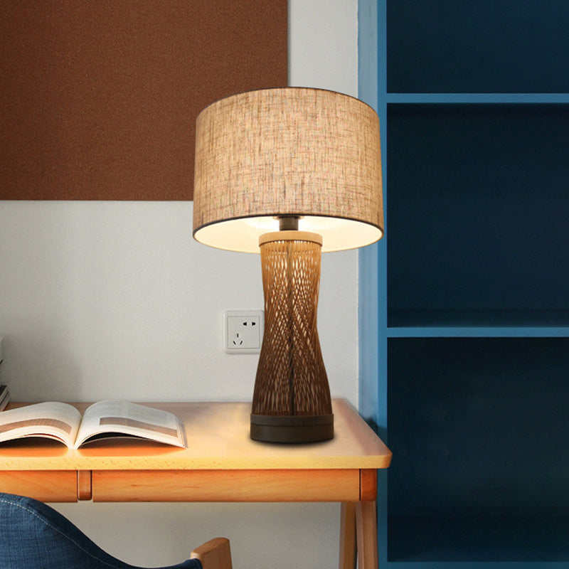Flaxen Laser Cut Bamboo Desk Lamp With Asian-Inspired Design And Fabric Drum Shade