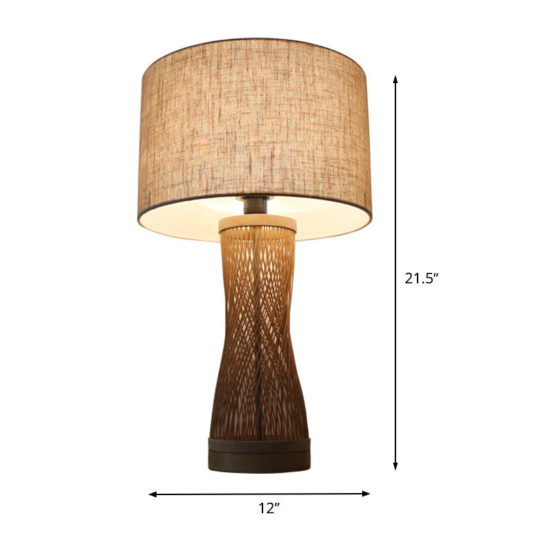 Flaxen Laser Cut Bamboo Desk Lamp With Asian-Inspired Design And Fabric Drum Shade