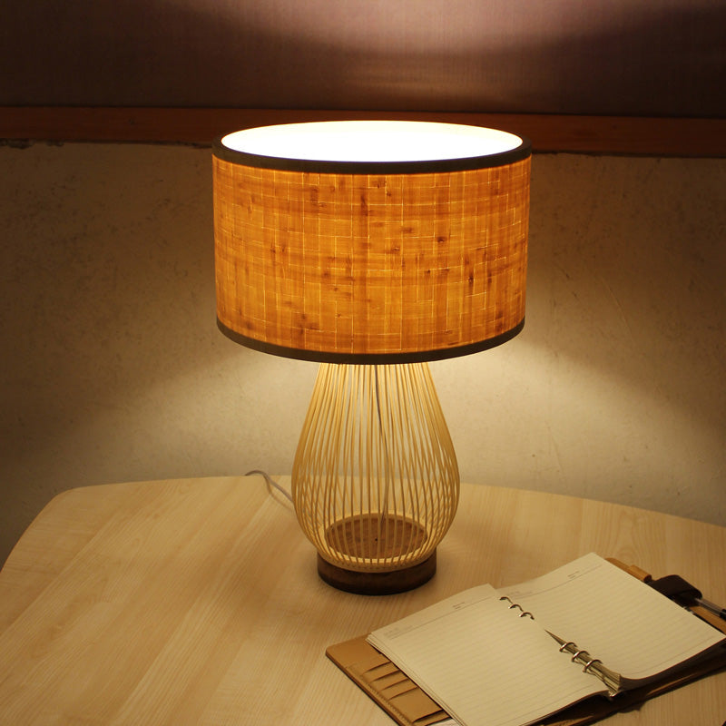 Bamboo Droplet Desk Lamp: Chinese Style Beige Task Lighting With Cylinder Fabric Shade