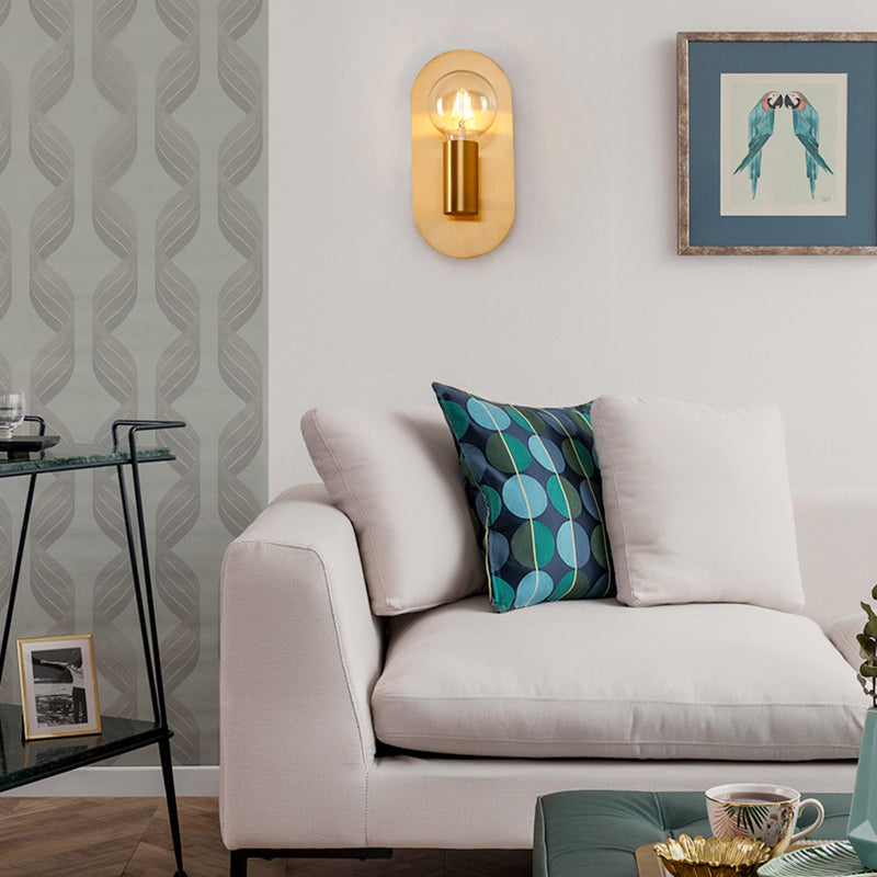Modern Gold Wall Lamp With Exposed Bulb And Metal Backplate