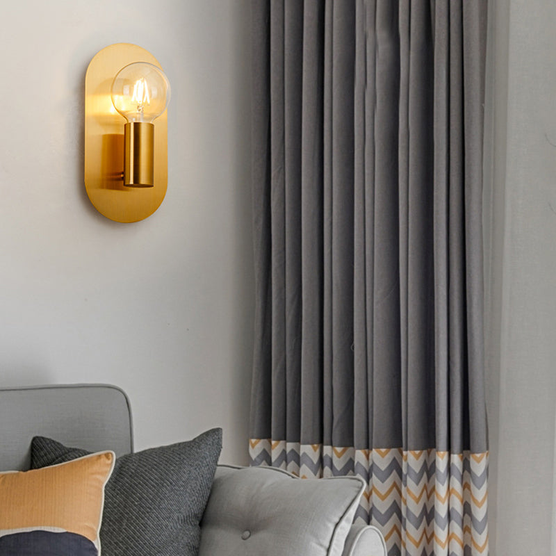 Modern Gold Wall Lamp With Exposed Bulb And Metal Backplate