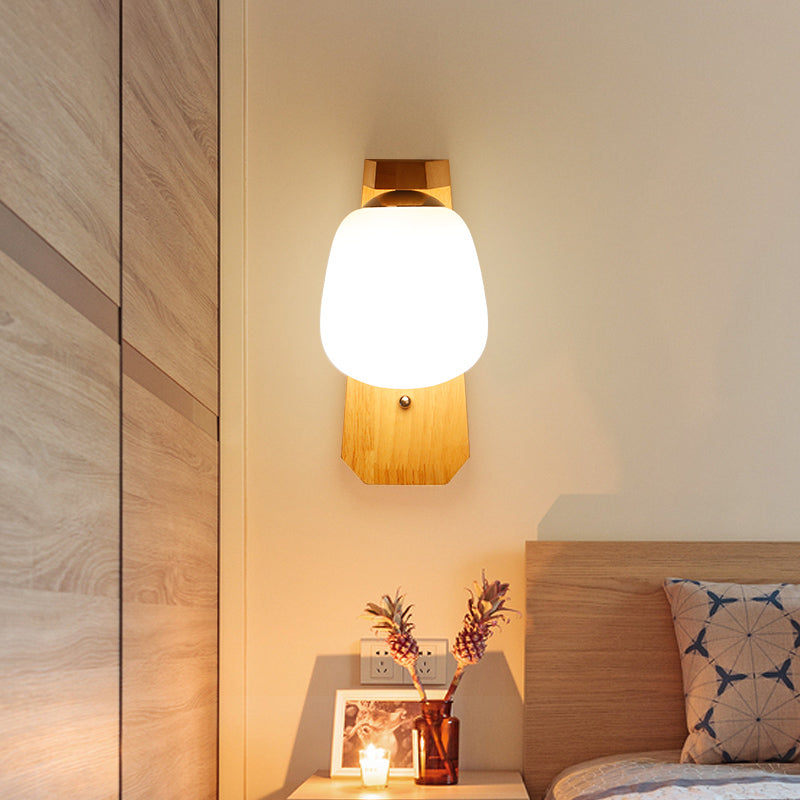Nordic Style Milk Glass Mini Wall Light For Bedroom Wood Mount Indoor Lighting - 1 White