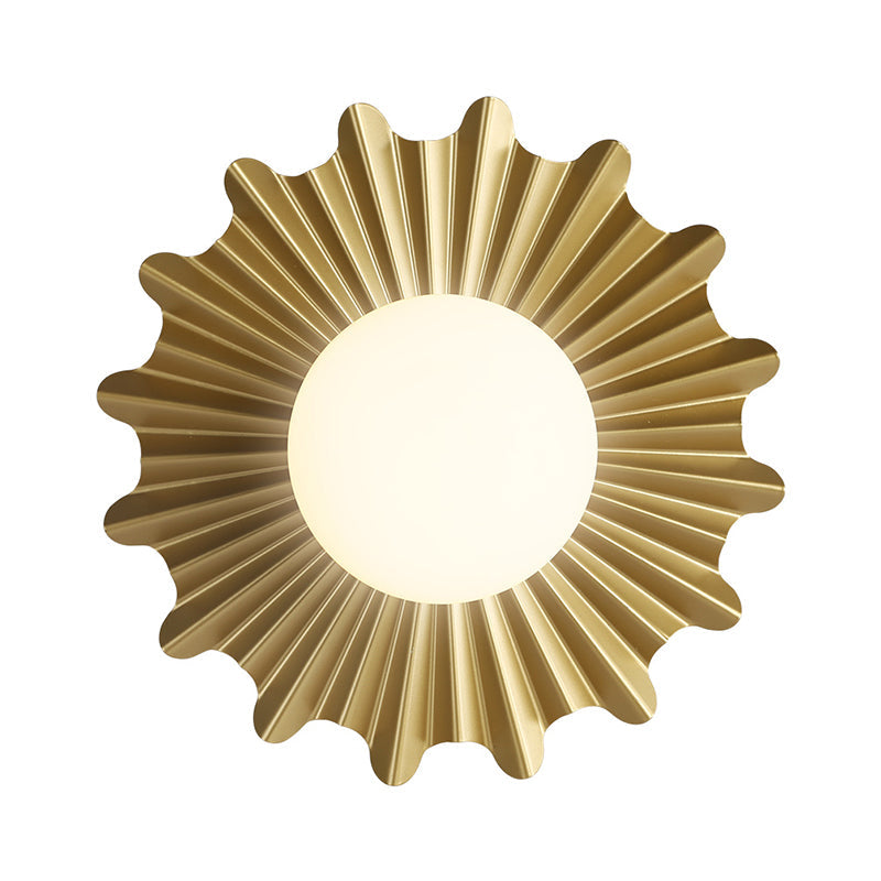 Modern White Glass Sphere Wall Light With Brass Scalloped Backplate - 1 Head