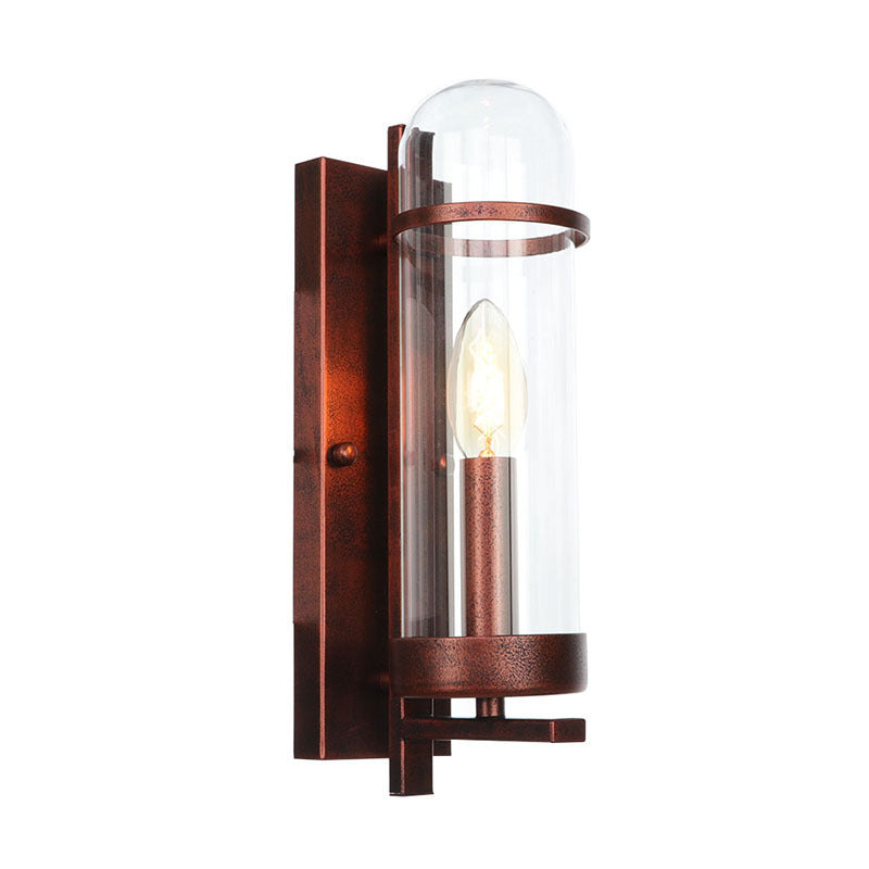 Industrial Rust Clear Glass Sconce Light Fixture For Dining Room - 1-Light Tubular Wall Lamp