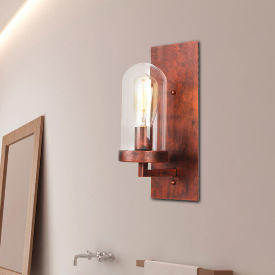 Industrial Rust Clear Glass Sconce Light Fixture For Dining Room - 1-Light Tubular Wall Lamp /