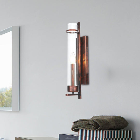 Industrial Rust Clear Glass Sconce Light Fixture For Dining Room - 1-Light Tubular Wall Lamp / Tube