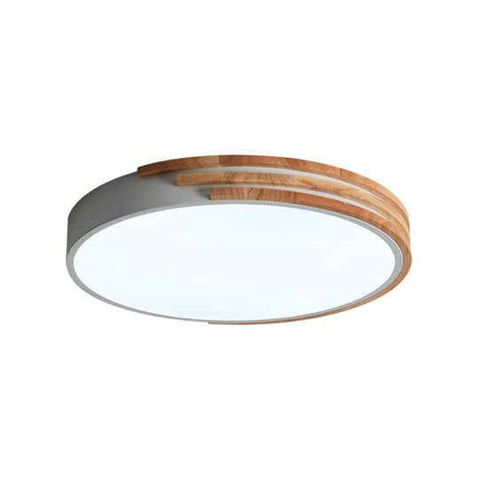Nordic Style Round Flush Mount Ceiling Light - Wood & Acrylic Fixture in Grey/White/Green, 16" Width