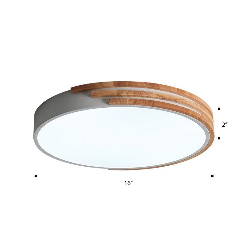 Nordic Style Round Flush Mount Ceiling Light - Wood & Acrylic Fixture in Grey/White/Green, 16" Width