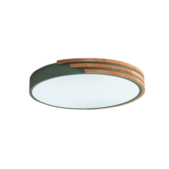 Nordic Style Round Flush Mount Ceiling Light - Wood & Acrylic Fixture In Grey/White/Green 16 Width