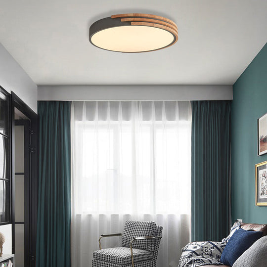 Nordic Style Round Flush Mount Ceiling Light - Wood & Acrylic Fixture In Grey/White/Green 16 Width