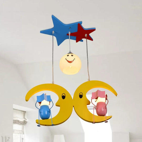 Charming Moon Hanging Light With Couple Wood: Yellow Pendant For Nursing Room