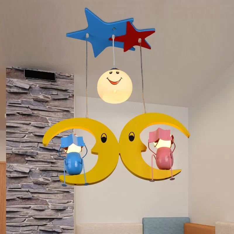 Charming Moon Hanging Light With Couple Wood: Yellow Pendant For Nursing Room