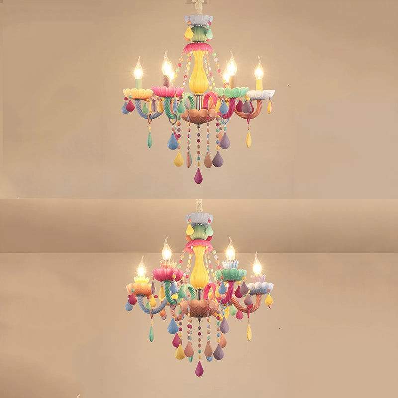 Child Bedroom Multi-Color Chandelier With 6 Crystal Glass Candle Pendant Lights