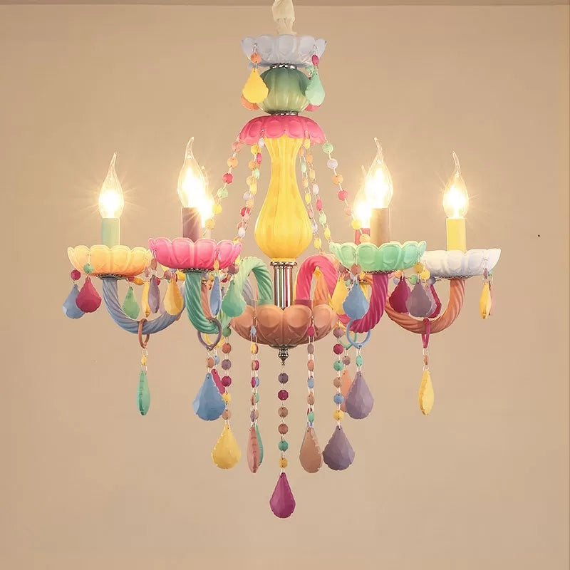 Child Bedroom Multi-Color Chandelier With 6 Crystal Glass Candle Pendant Lights Yellow / Shadeless