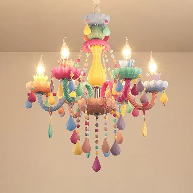Child Bedroom Multi-Color Chandelier With 6 Crystal Glass Candle Pendant Lights Yellow / With Shade