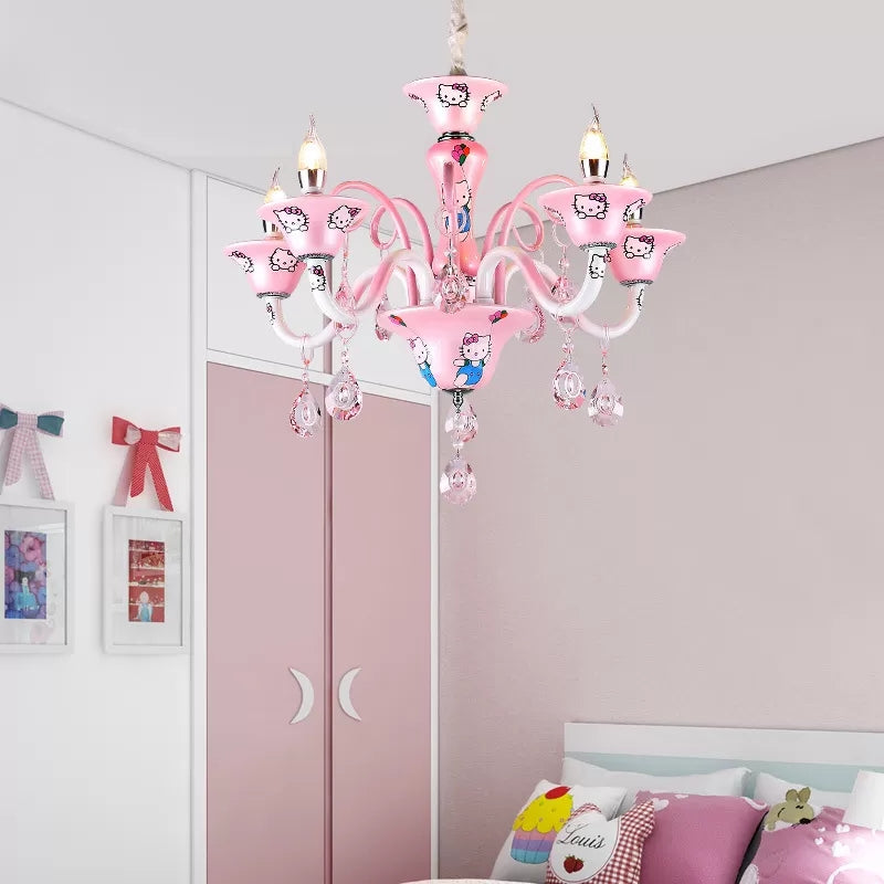 Charming Pink Bell Pendant Light With Crystal & Cute Cartoon Metal For Girls Bedroom