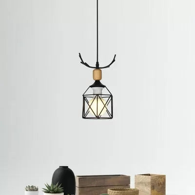 Rustic Black Pendant Light With Metal Wire Frame And Antlers - Lodge Décor- 1