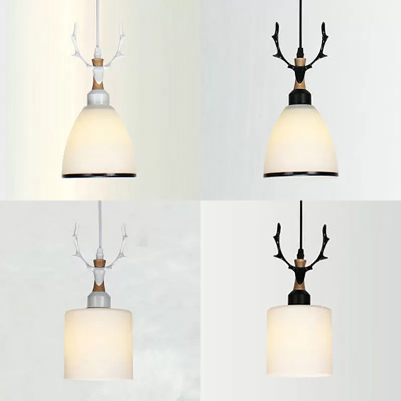 Rustic Style Opal Glass Pendant Lamp With Antlers - Cloth Shop 1 Bulb Suspension Light