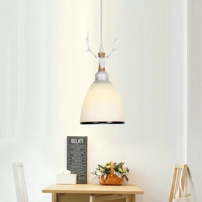 Rustic Style Opal Glass Pendant Lamp With Antlers - Cloth Shop 1 Bulb Suspension Light White / Dome