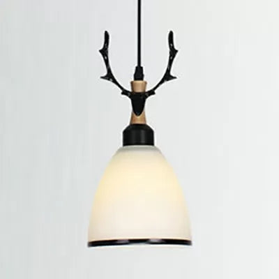 Rustic Style Opal Glass Pendant Lamp With Antlers - Cloth Shop 1 Bulb Suspension Light Black / Dome