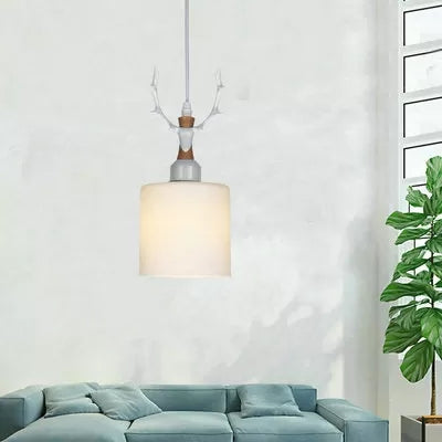 Rustic Style Opal Glass Pendant Lamp With Antlers - Cloth Shop 1 Bulb Suspension Light White /