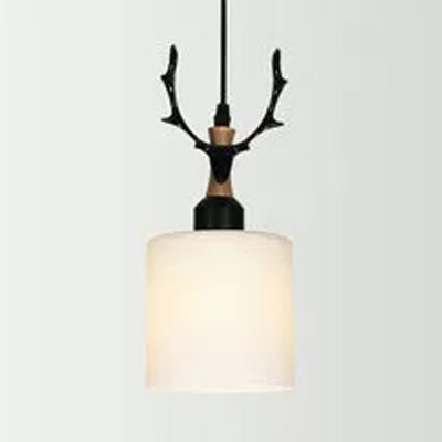 Rustic Style Opal Glass Pendant Lamp With Antlers - Cloth Shop 1 Bulb Suspension Light