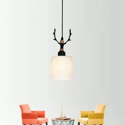 Rustic Style Opal Glass Pendant Lamp With Antlers - Cloth Shop 1 Bulb Suspension Light Black /