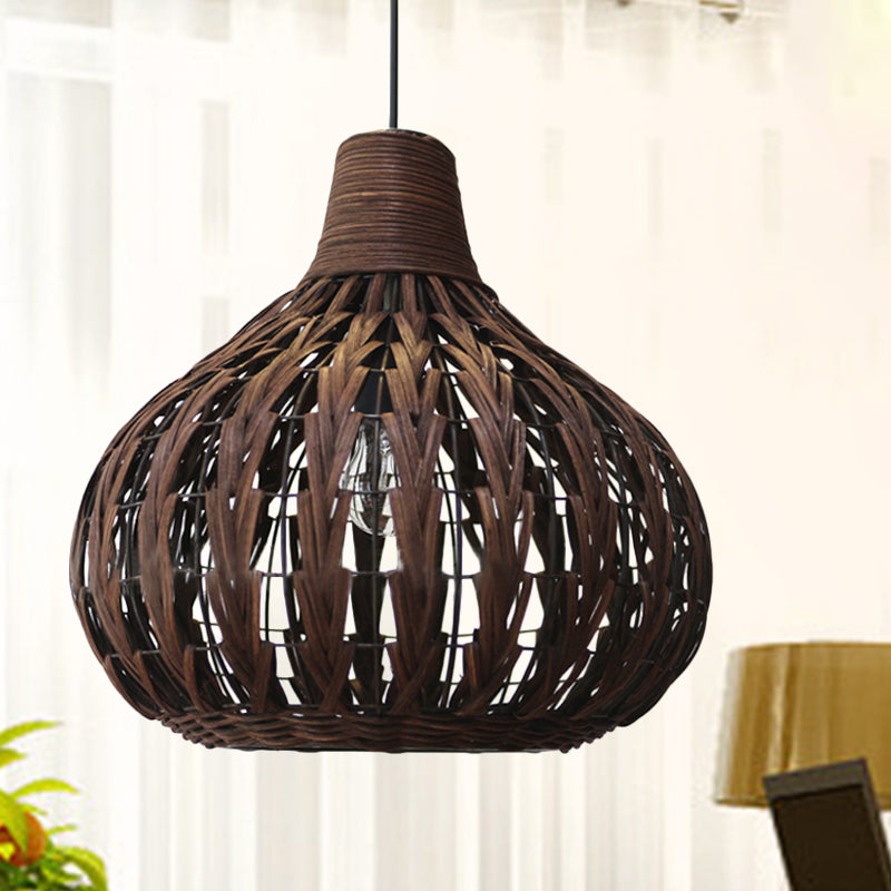 Teardrop Rattan Hanging Light - Asian-Inspired Coffee Brown 14/23.5 Wide Suspended Lighting Fixture