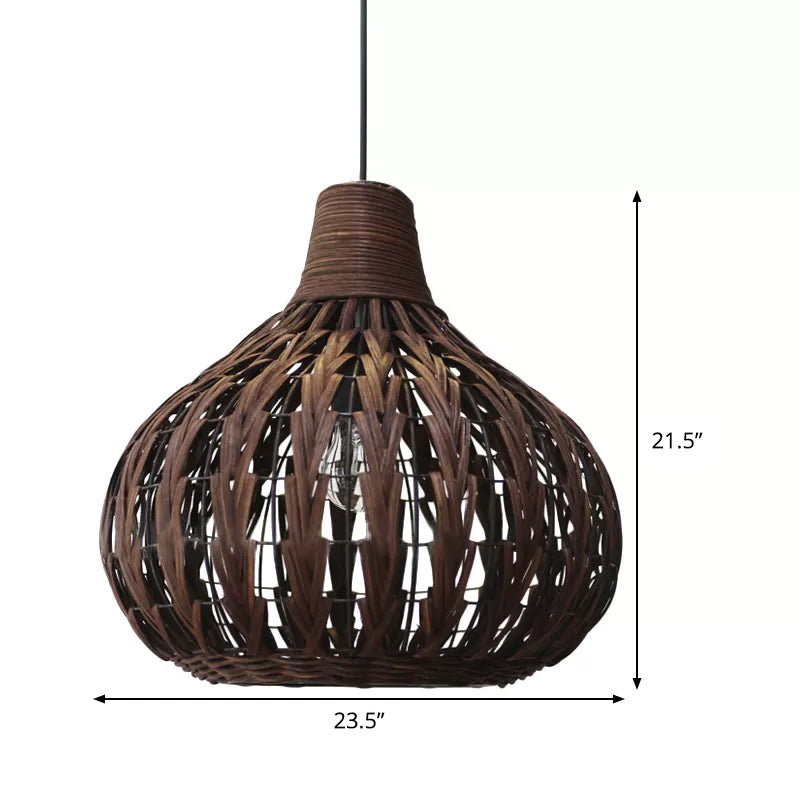 Teardrop Rattan Hanging Light - Asian-Inspired Coffee Brown 14/23.5 Wide Suspended Lighting Fixture